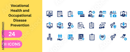 Vocational health and safety prevention UI design collection. Hazard sign, medicine, legal compliance, research, security, human resource policy