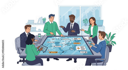 Diverse team collaborating around a large interactive table.