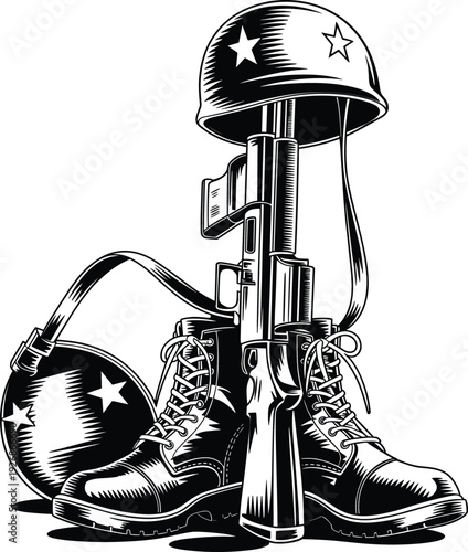 Soldier memorial battle cross illustration with military combat boots rifle and helmet fallen hero tribute honor and sacrifice, 20 words.