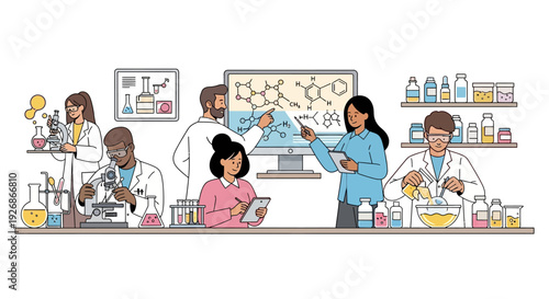 Diverse scientists collaborating in a modern laboratory setting.