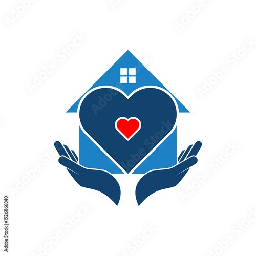 House with heart inside house and caring hands  icon isolated on white background