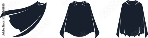 Collection of three dark blue capes and cloaks in silhouette on a white background