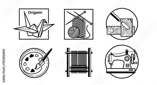 Collection of artistic craft icons representing origami, knitting, wood carving, painting, weaving, and sewing.