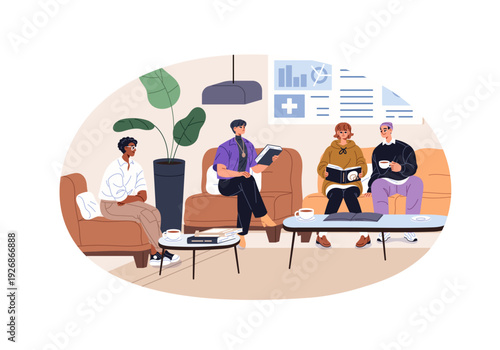 Patients sit on sofa in clinic reception area. People relax in hospital waiting room. Men and women are in hall of medical center for doctor's appointment. Flat isolated vector illustration on white.