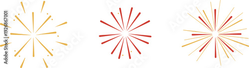 Collection of three abstract starbursts and fireworks in red and gold colors