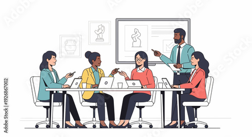 Diverse team collaborating in a modern office meeting.