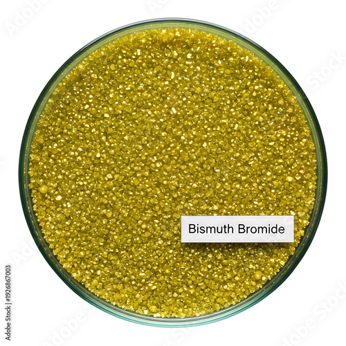 Bismuth bromide chemical compound in glass container with label isolated on transparent background