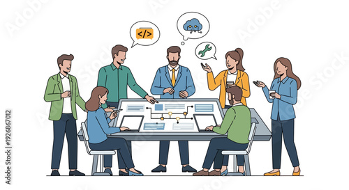 Diverse team collaborating around a modern conference table.