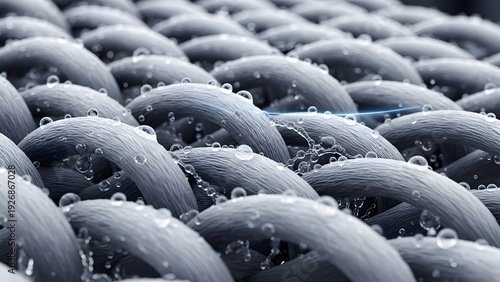 Macro shot of futuristic 3D printed mesh fabric in grey metallic tones, wearable technology texture.