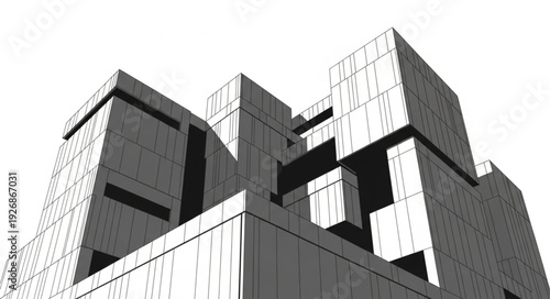 Modern architectural design with geometric shapes and a unique facade, a contemporary building.