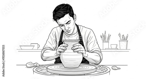 Man intently shaping clay on pottery wheel, creating ceramic art with focus and precision.