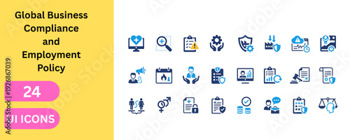 Corporate compliance and global business employment UI symbols. Recruitment, staff training, document security, financial audit, work agreement