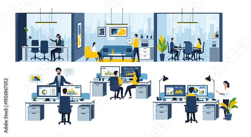 Diverse group of professionals collaborating in a modern office environment.