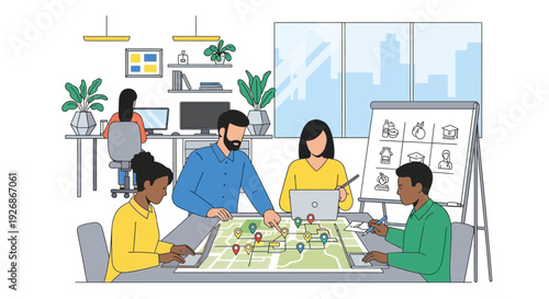 Diverse team collaborating around a strategy board game.