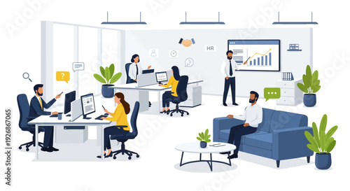 Diverse group of professionals collaborating in a modern office environment.