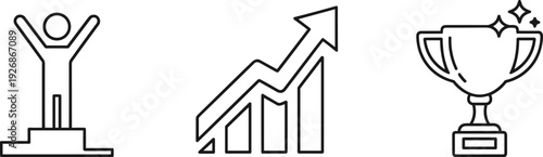 Success icons: winner on podium, growth chart, and trophy with sparkles