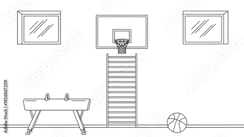 Line drawing of a gym wall featuring a basketball hoop, a ladder below it, a pommel horse to the left, and a basketball on the floor. The tone is calm.