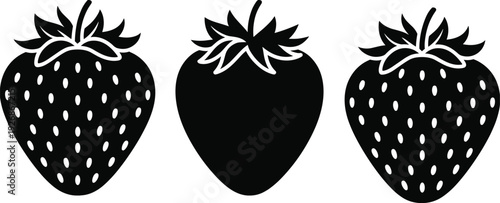Strawberry fruit silhouette set isolated on white for healthy food branding, berry farm logo, organic summer garden, and vitamin nutrition