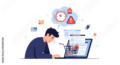 E-commerce Frustration: Man Stressed by Online Shopping Problems, Payment Issues, and Delivery Delays