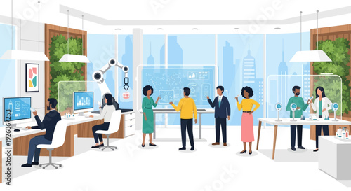 Diverse group of professionals collaborating in a modern office environment, innovation.