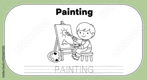 Boy painting sun on canvas, hobby activity