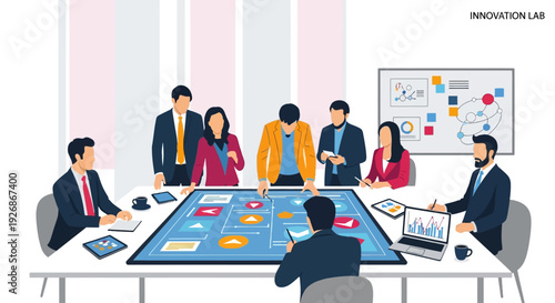 Diverse team collaborates around interactive digital table.