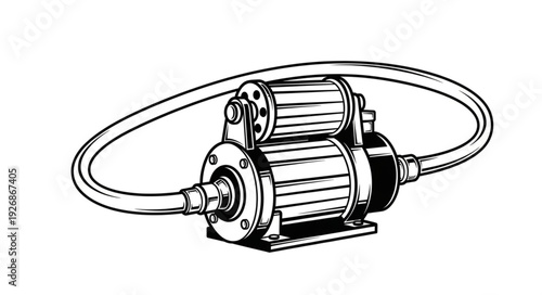 Detailed illustration of a mechanical pump with connected tubing, industrial equipment.
