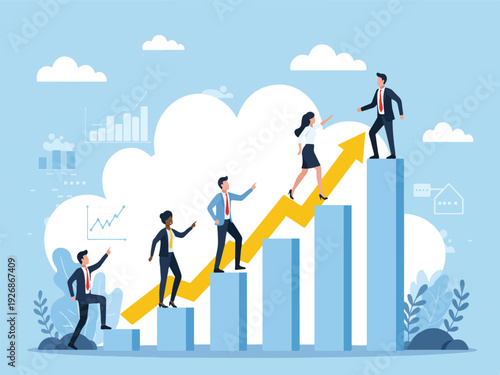Business people climbing up bar chart with yellow arrow growth success concept teamwork collaboration career development growth strategy  business growth concept with people moving up a bar chart