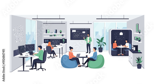 Diverse group of people collaborating in a modern office space.