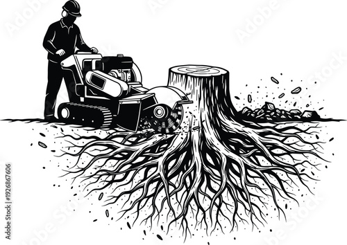 Worker Operating Stump Grinder Removing Tree Roots Black Silhouette Vector Illustration for Landscaping