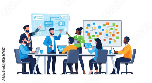 Diverse team collaborating in a modern office meeting.