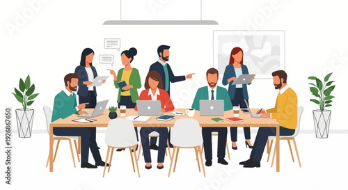 Diverse group of professionals collaborating in a modern office meeting.