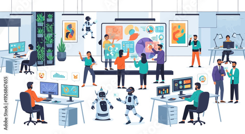 Diverse group of people collaborating in a modern technology hub with robots.
