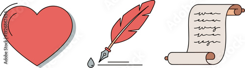 Heart, quill pen with ink drop, and scroll icon set for writing and love concepts