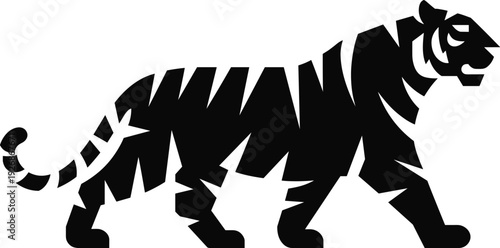 Stylized black tiger silhouette with decorative stripes for wildlife conservation branding, predatory animal mascot design, zoo logo, and jungle themed graphics