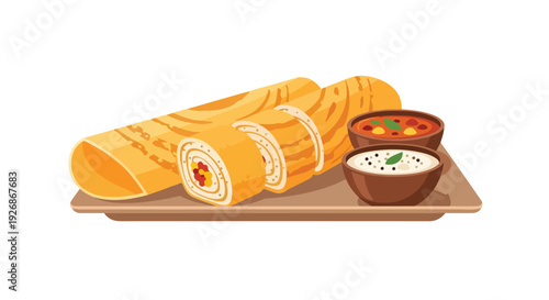 Illustration of dosa rolls with chutney and sambar on a wooden tray against a white background.