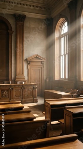 Sunlight streams through arched windows into empty courtroom with wooden benches and judge's bench