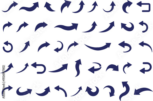 Blue Curved Arrow Icon Set Collection Group in Flat Style Vector, Direction Pointer Navigation Symbol Bundle Pack, Swirl Rotate Flow Sign Silhouette Outline Design