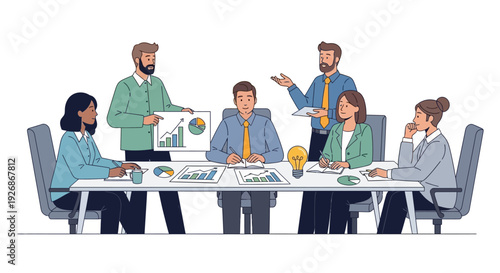 Diverse team collaborates in a modern business meeting setting.