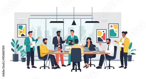 Diverse group of professionals collaborating in a modern office meeting.