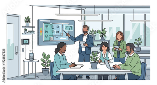 Diverse team collaborating in a modern office meeting.