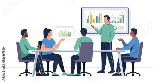 Diverse team collaborates in a modern business meeting.