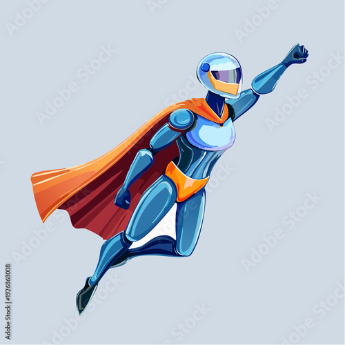 A futuristic gynoid superhero in a blue suit and orange cape soars through the sky