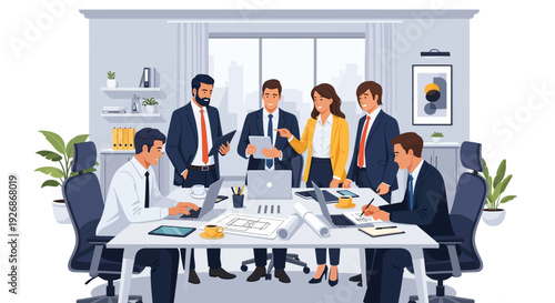 Diverse business team collaborating in a modern office meeting.