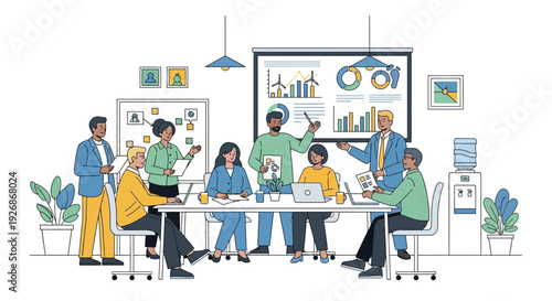 Diverse team collaborating in a modern office meeting.