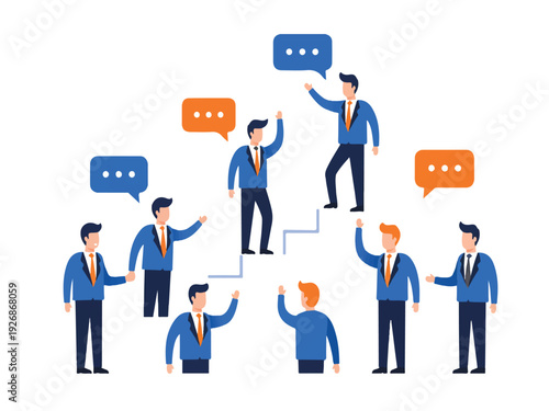 Business people communicating and interacting with each other in a team building concept with speech bubbles  collaboration and discussion