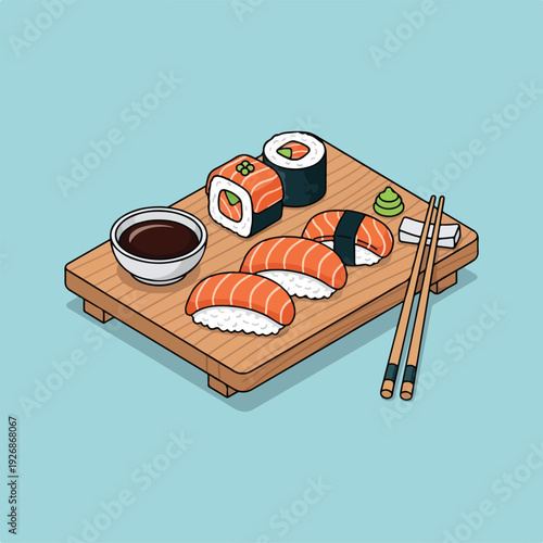 Salmon Sushi Set on Wooden Board Flat Illustration