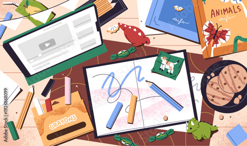 Creative disorder is on artist workplace top view. Messy desk with open notebook for drawing, stationery. Dirty table with clutter: pencils, chalks, candies, crayons, books. Flat vector illustration.