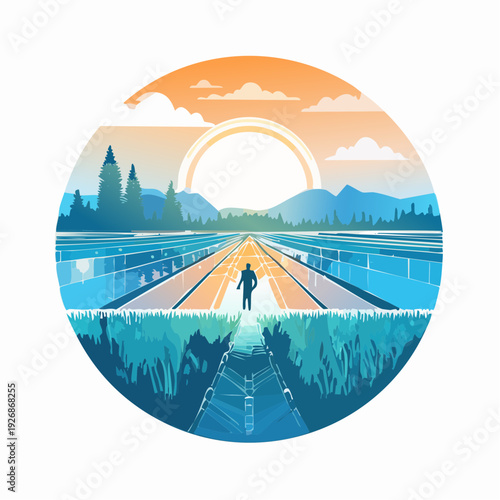 Man walking towards sunlit horizon over a reflective pathway through nature