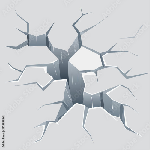 Cracked concrete surface with a deep fissure and radiating cracks